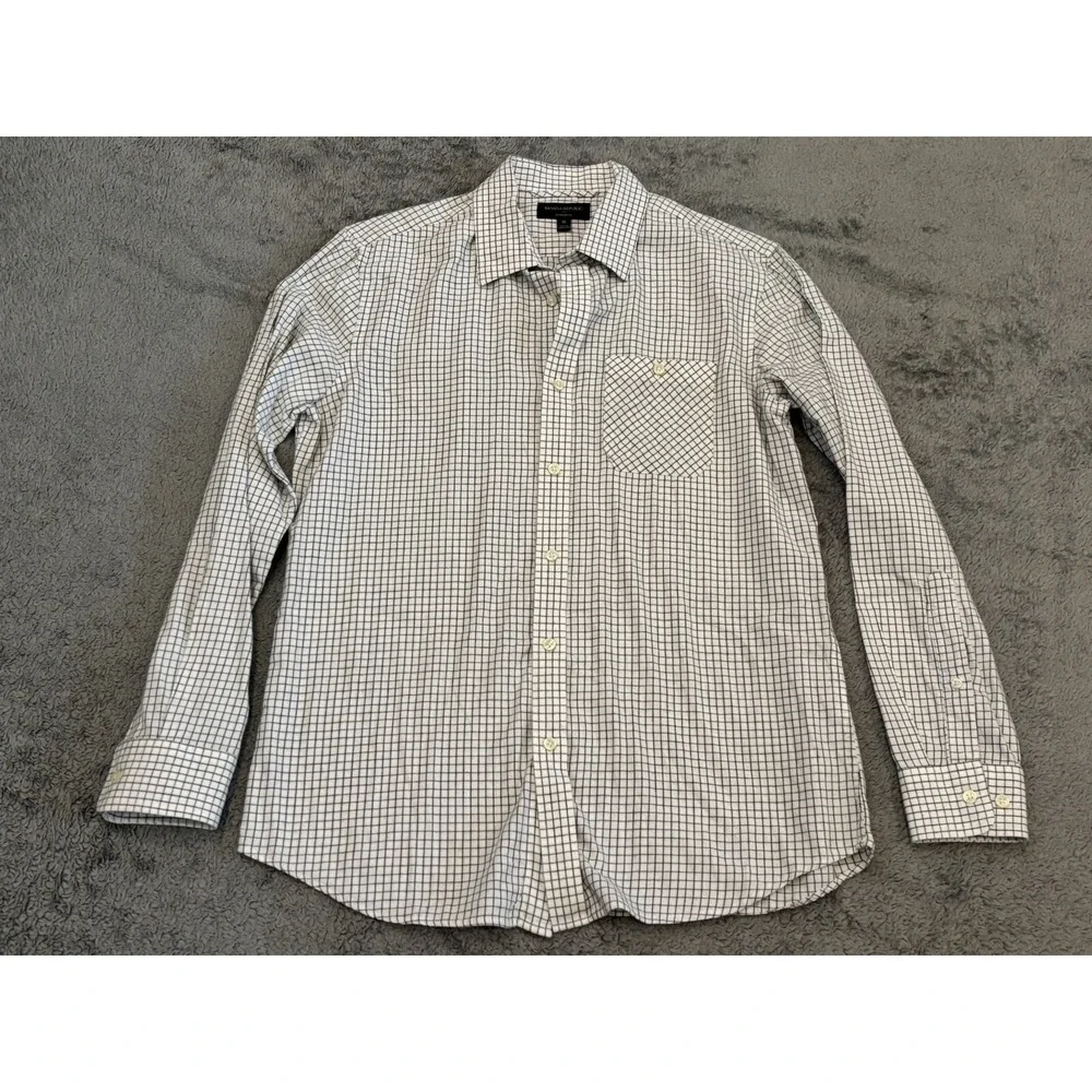 Banana Republic Mens Medium Check Gray Stretch Standard Fit Button Up Shirt